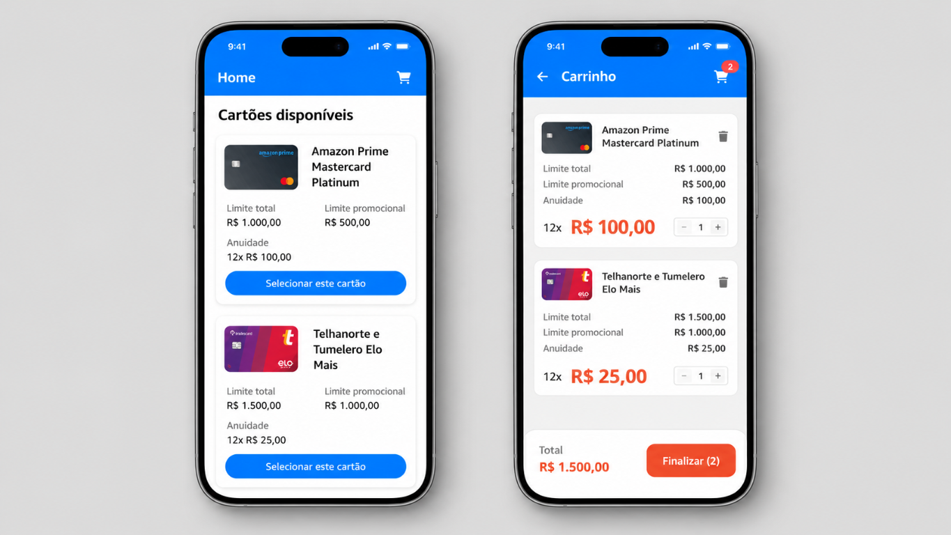 Mockup do app de cartões com telas Home e Carrinho