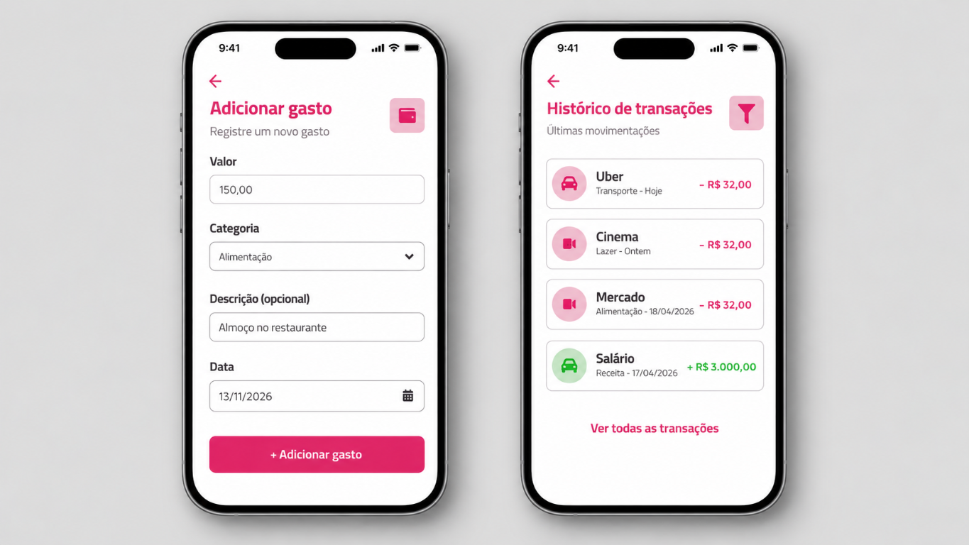 Mockup do app de controle de gastos com telas Adicionar gasto e Histórico de transações